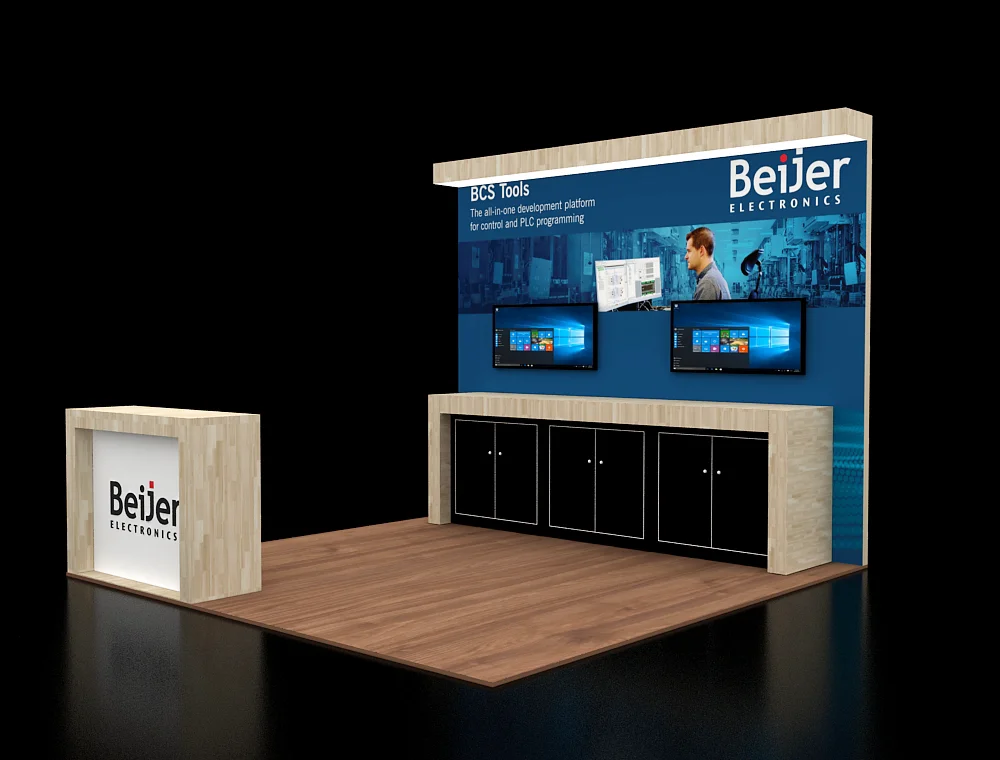 10x10 display booth with hanging header sign