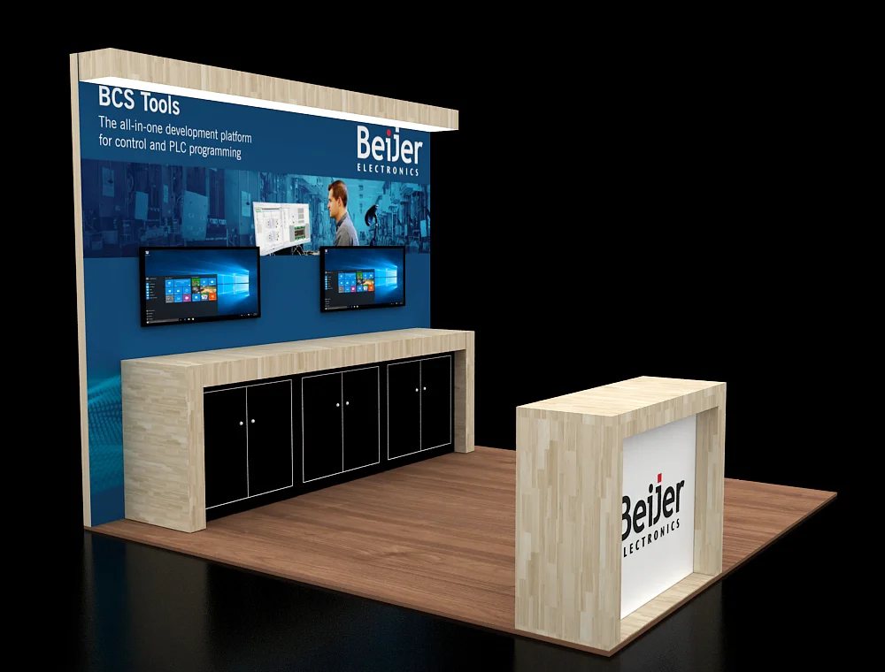 10x10 display booth with hanging header sign