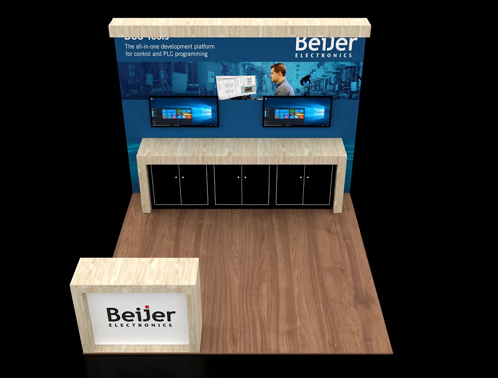 10x10 display booth with hanging header sign
