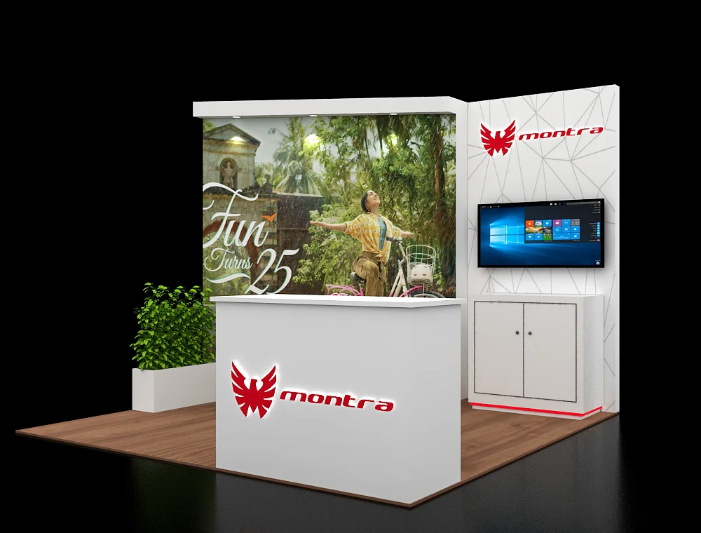 10x10 booth design with branded wall panels