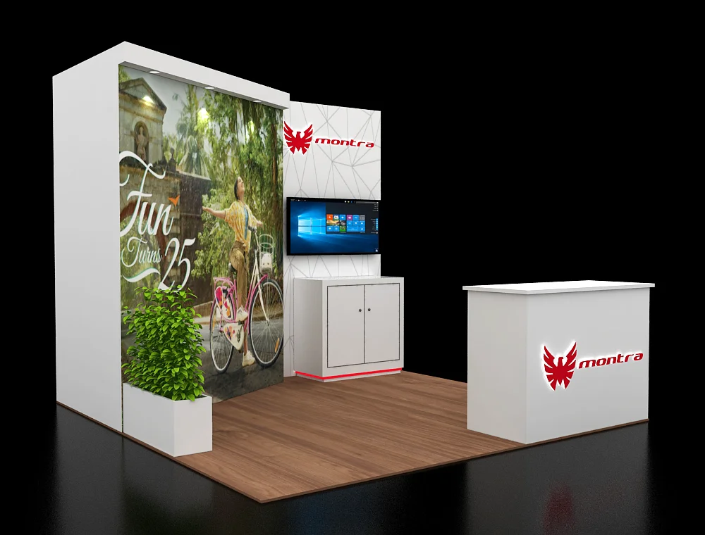 10x10 booth design with branded wall panels