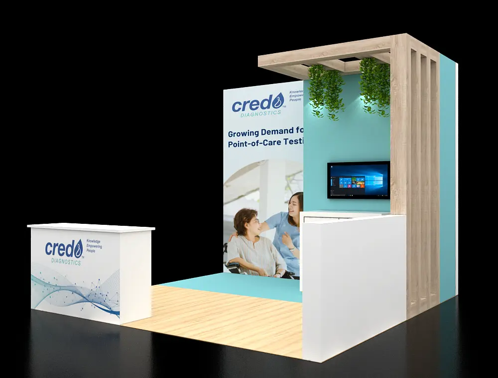 Compact 10x10 exhibit with corner shelves