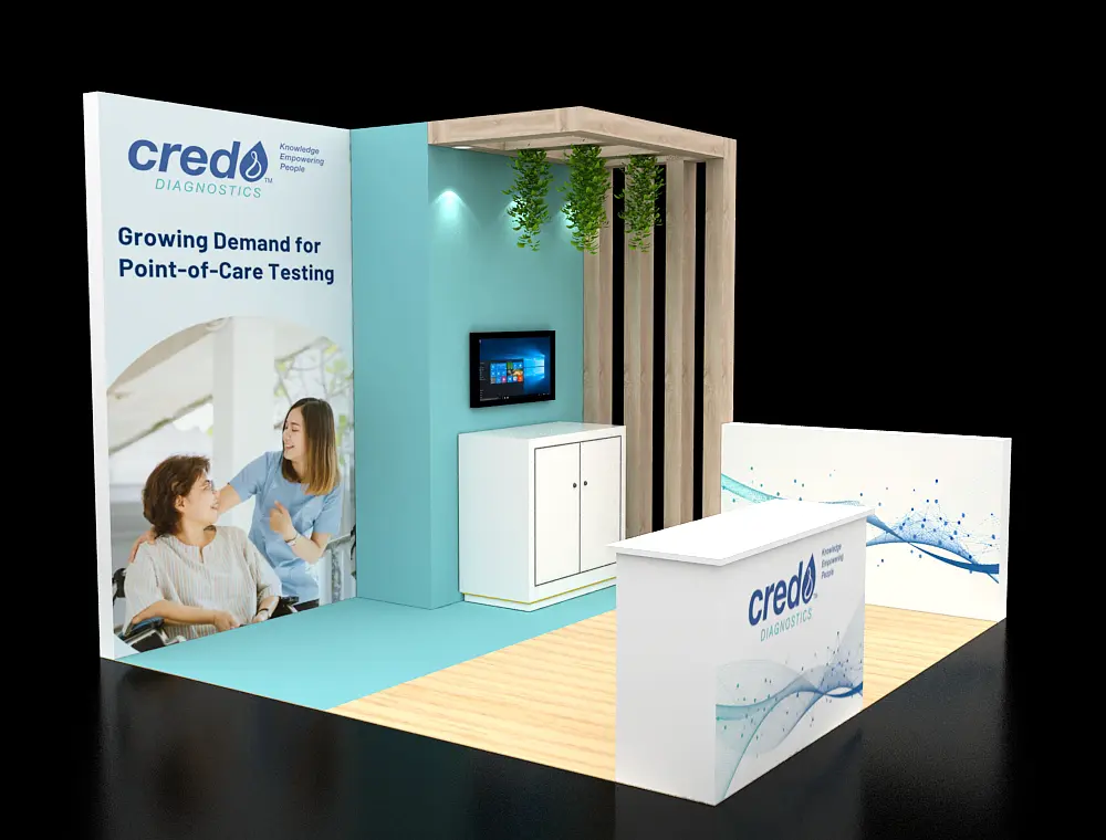 Compact 10x10 exhibit with corner shelves