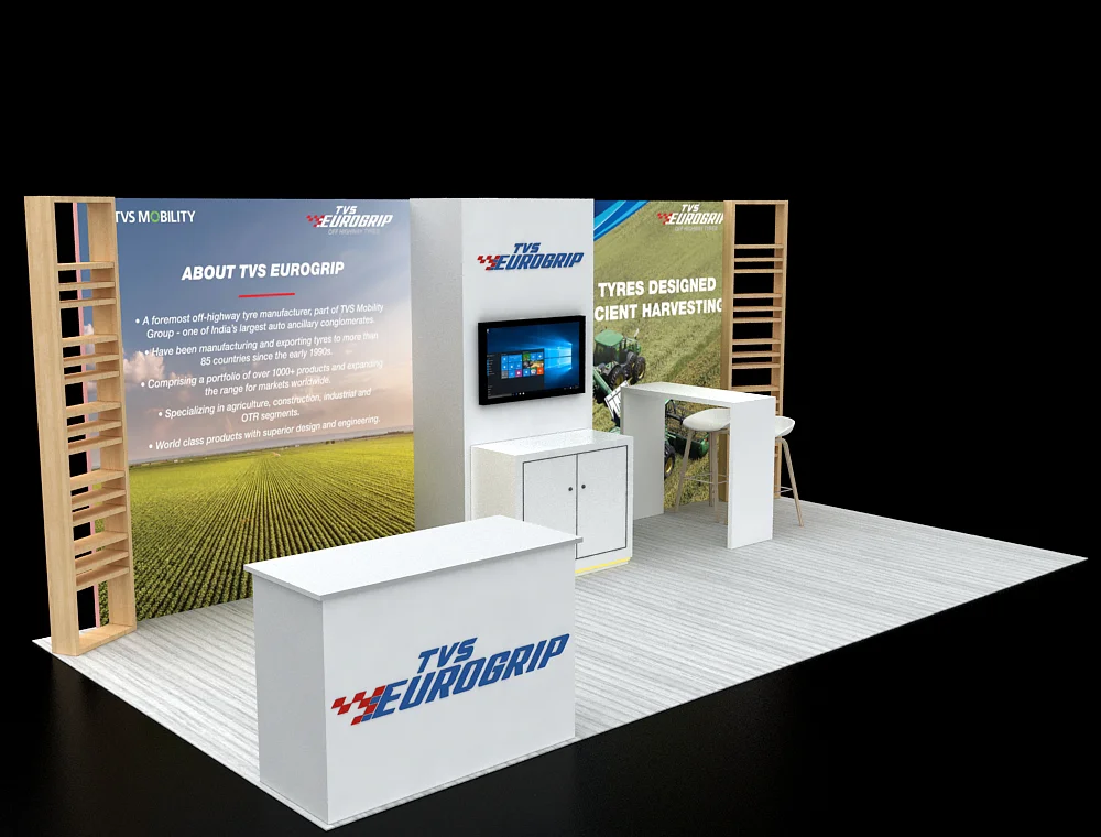 Branded trade show booth with open layout