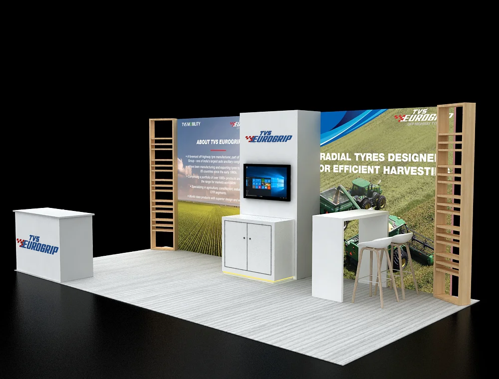 Branded trade show booth with open layout