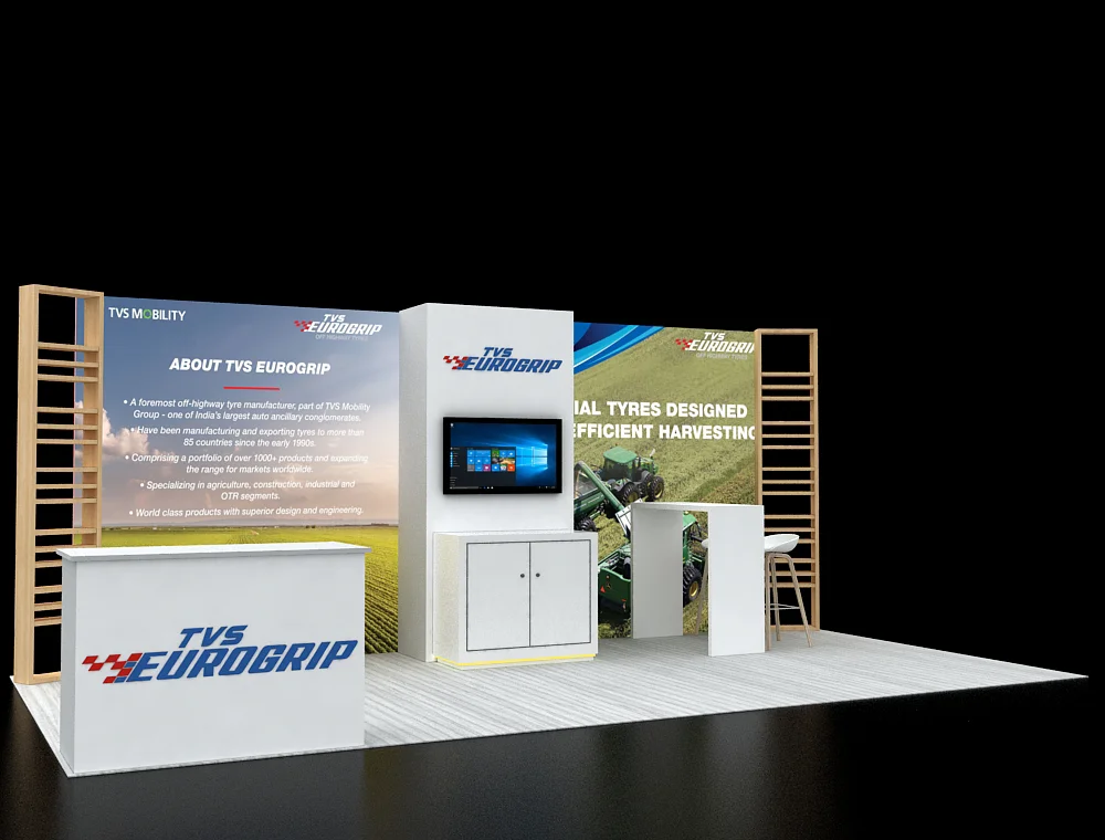 Branded trade show booth with open layout
