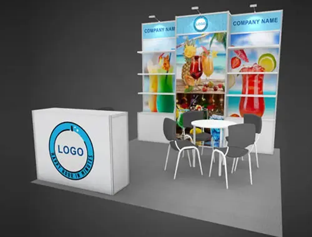 10x10 booth with storage counter and wall