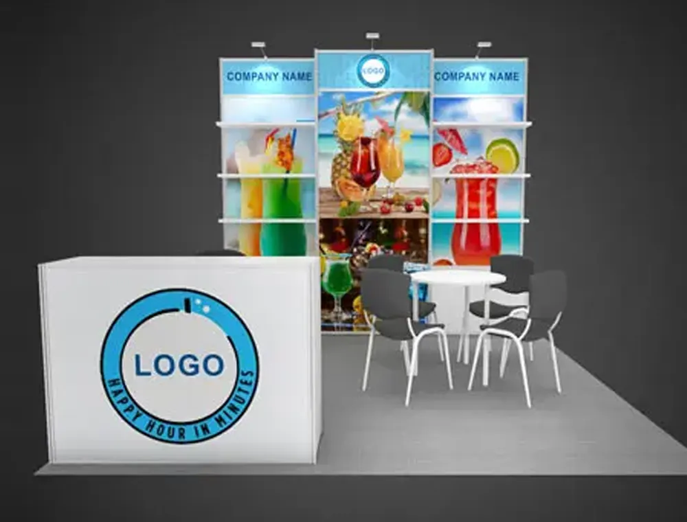 10x10 booth with storage counter and wall