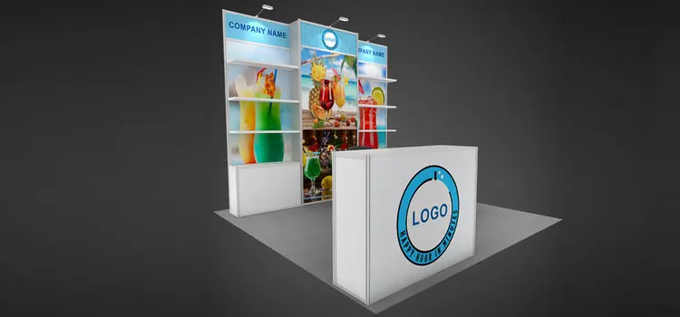10x10 booth with storage counter and wall