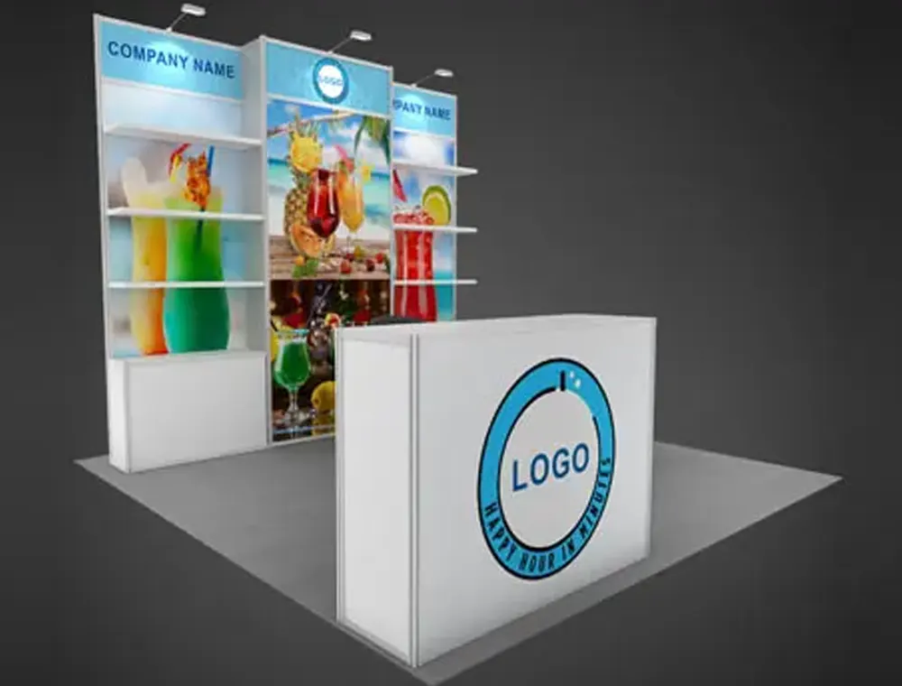 10x10 booth with storage counter and wall