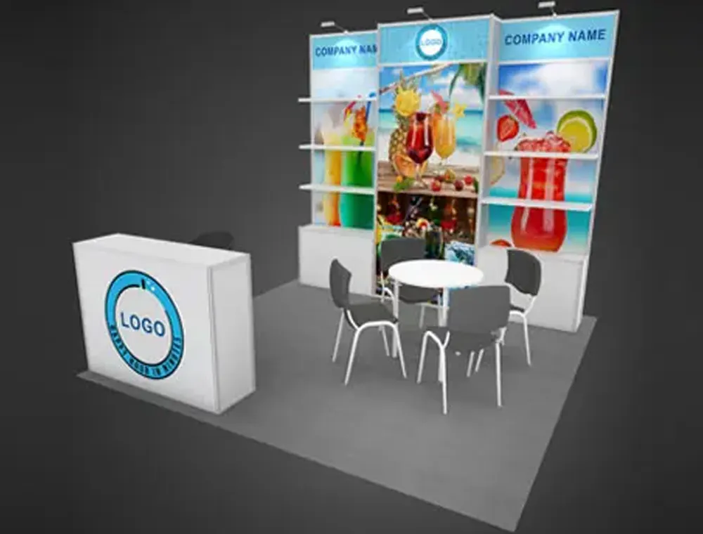 10x10 booth with storage counter and wall