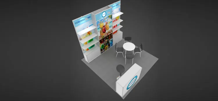 10x10 booth with storage counter and wall