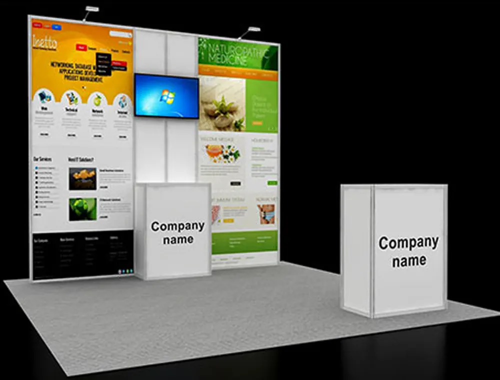10x10 booth design with demo counter area