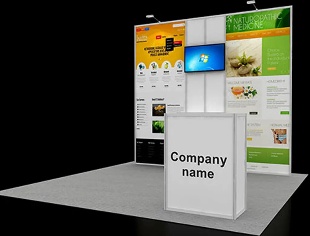 10x10 booth design with demo counter area