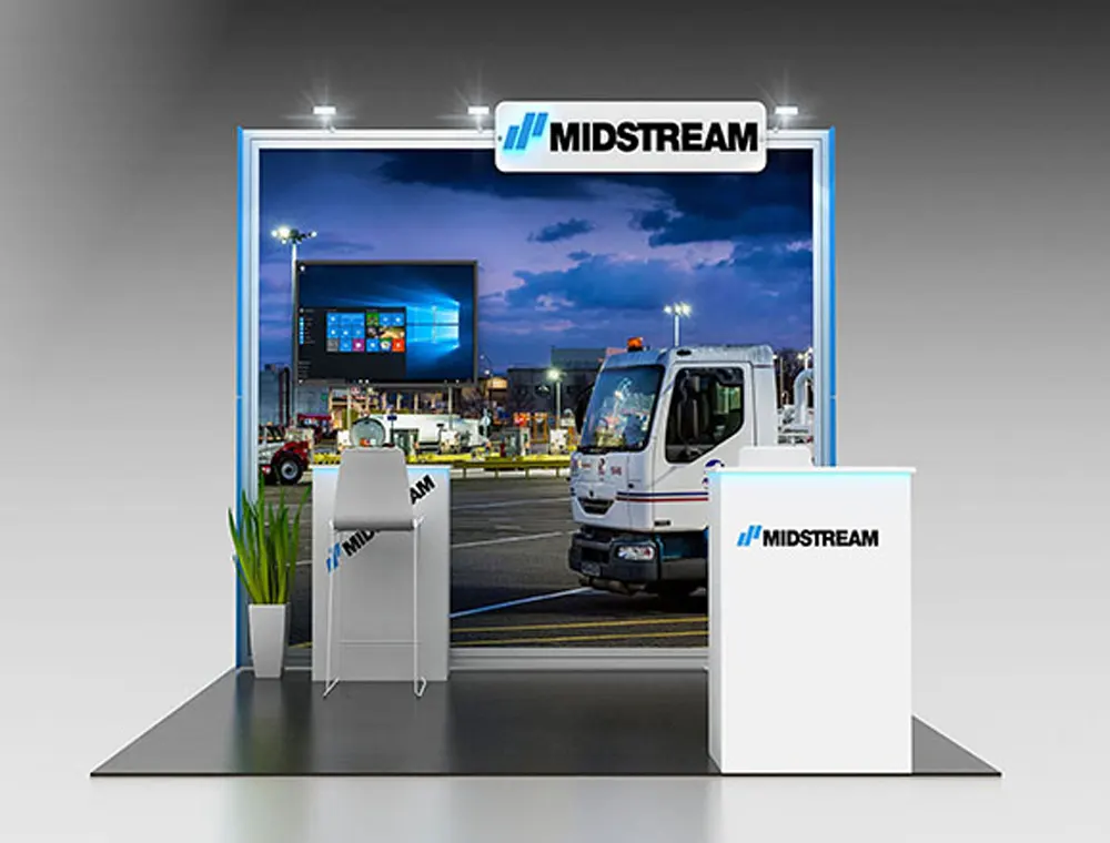 10x10 booth with reception desk and panels