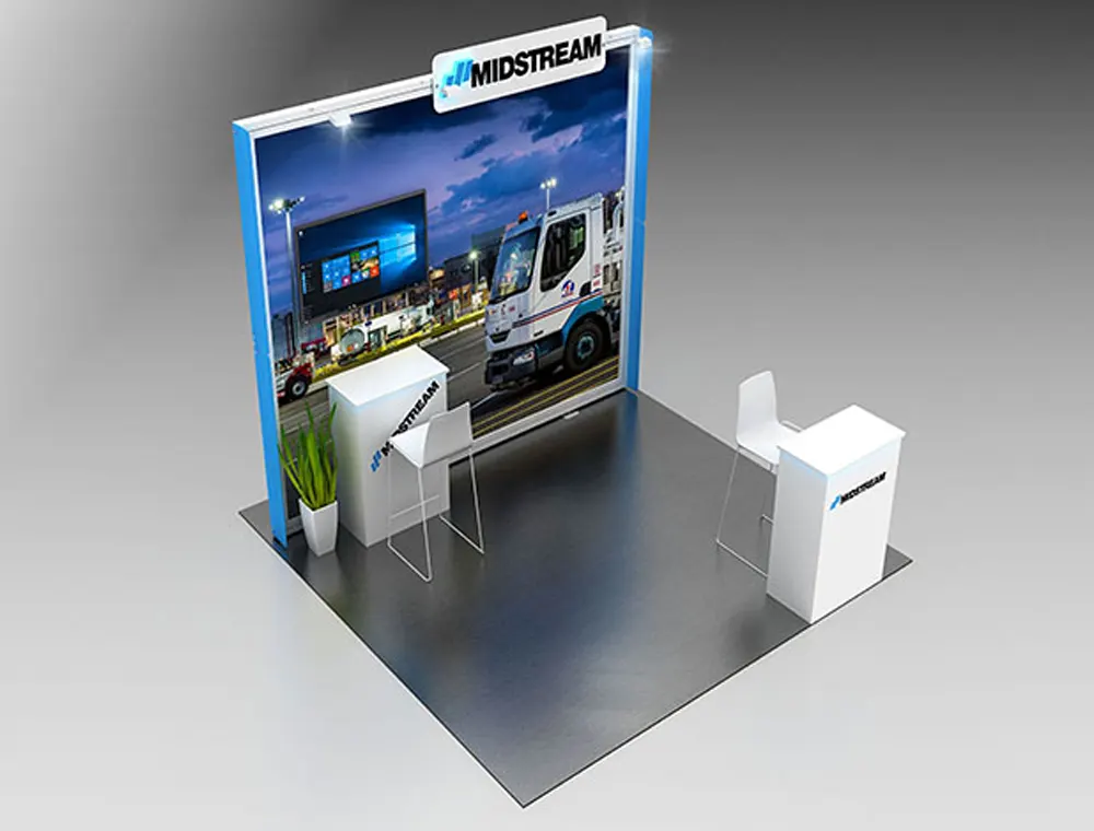 10x10 booth with reception desk and panels