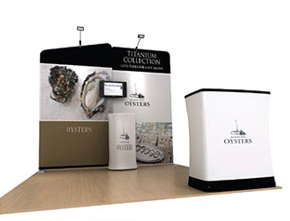 10x10 booth with back wall and demo counter