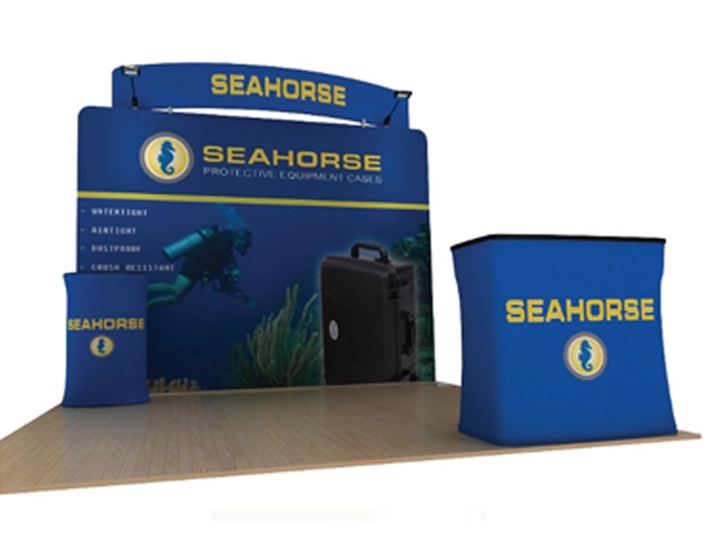 Trade booth 10x10 with counters and shelving