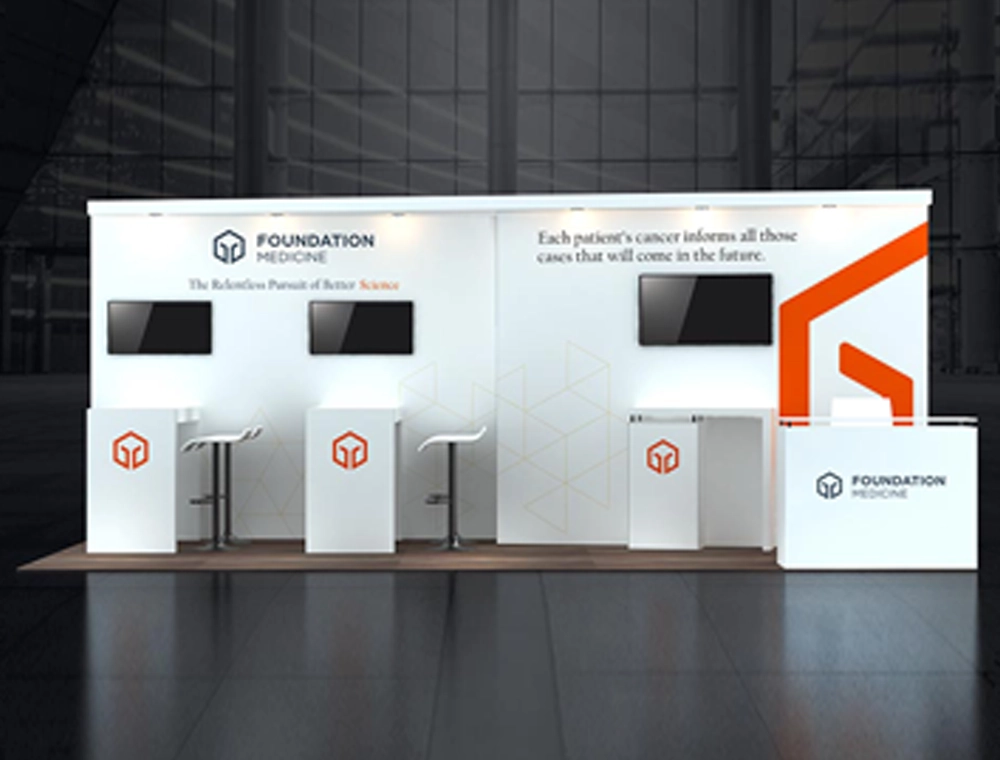 Exhibit booth with counters and large signage