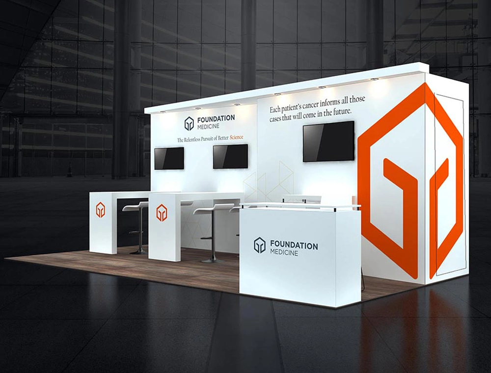 Exhibit booth with counters and large signage