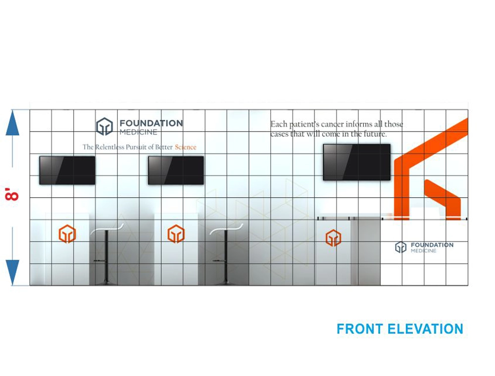 Exhibit booth with counters and large signage