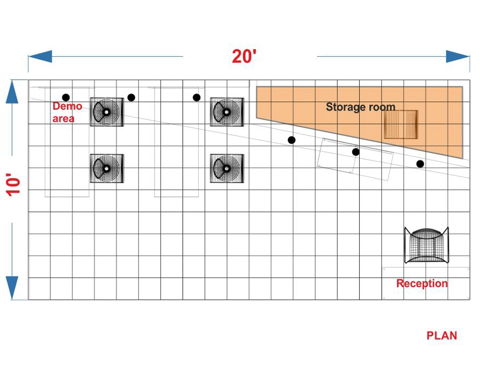 Exhibit booth with counters and large signage