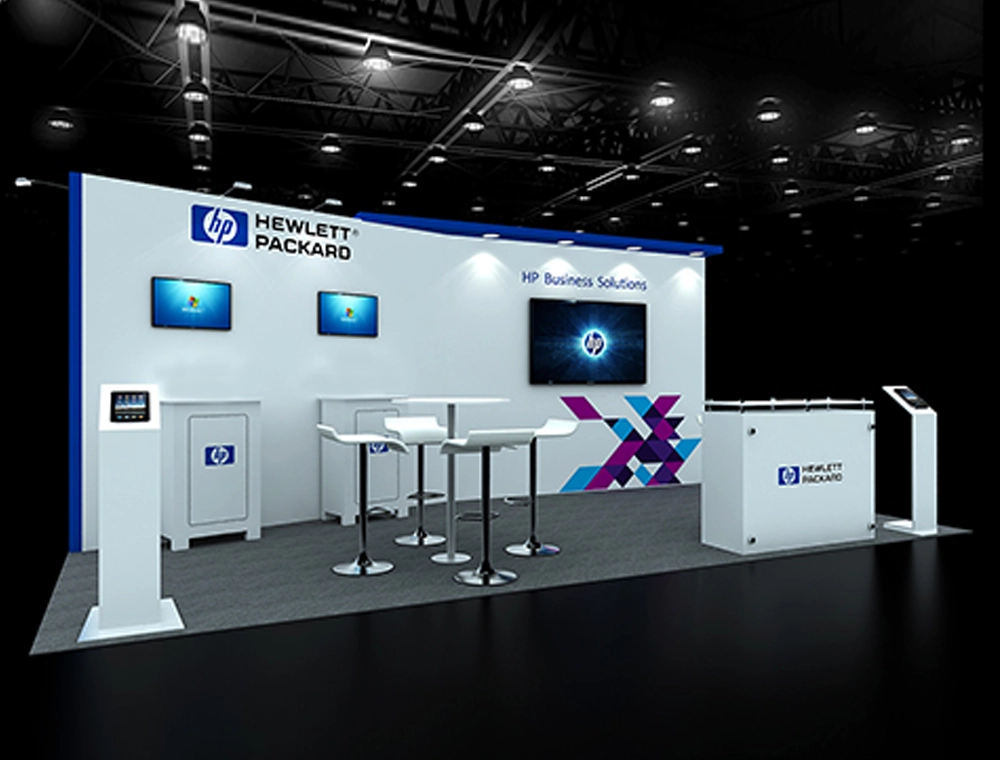 Trade show booth with meeting area setup
