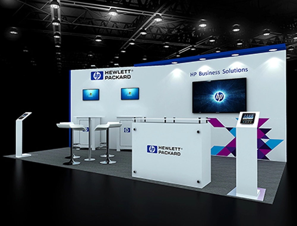 Trade show booth with meeting area setup