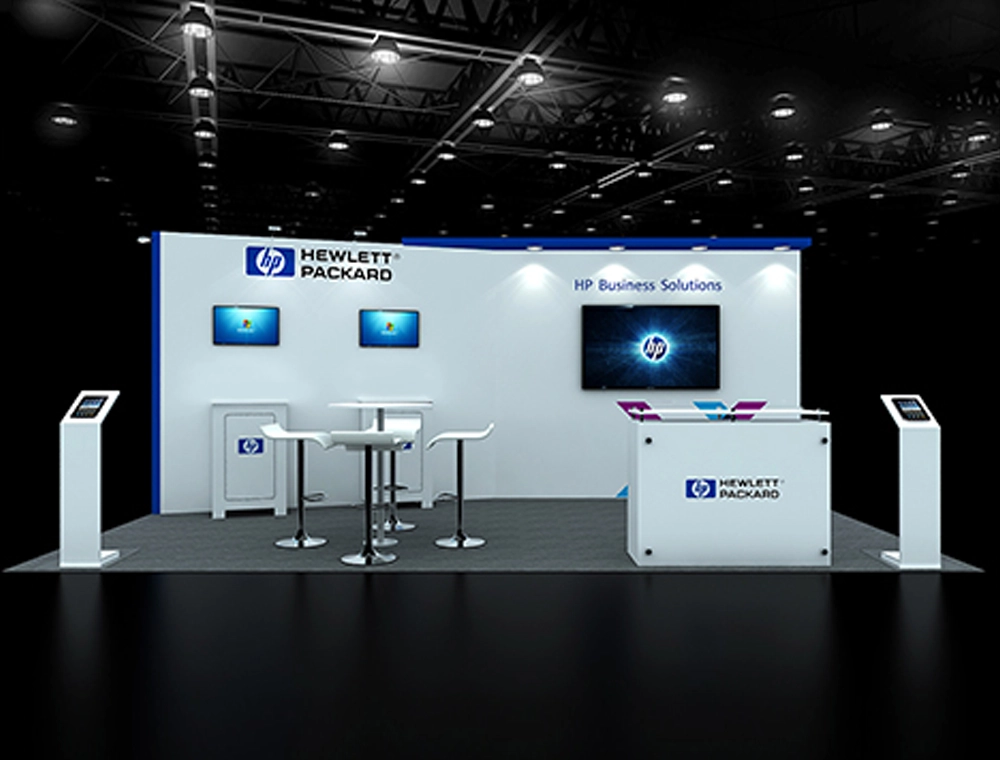 Trade show booth with meeting area setup