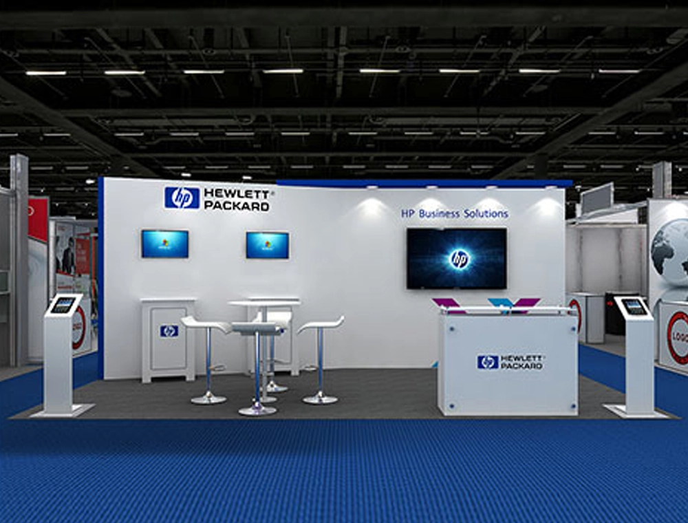 Trade show booth with meeting area setup