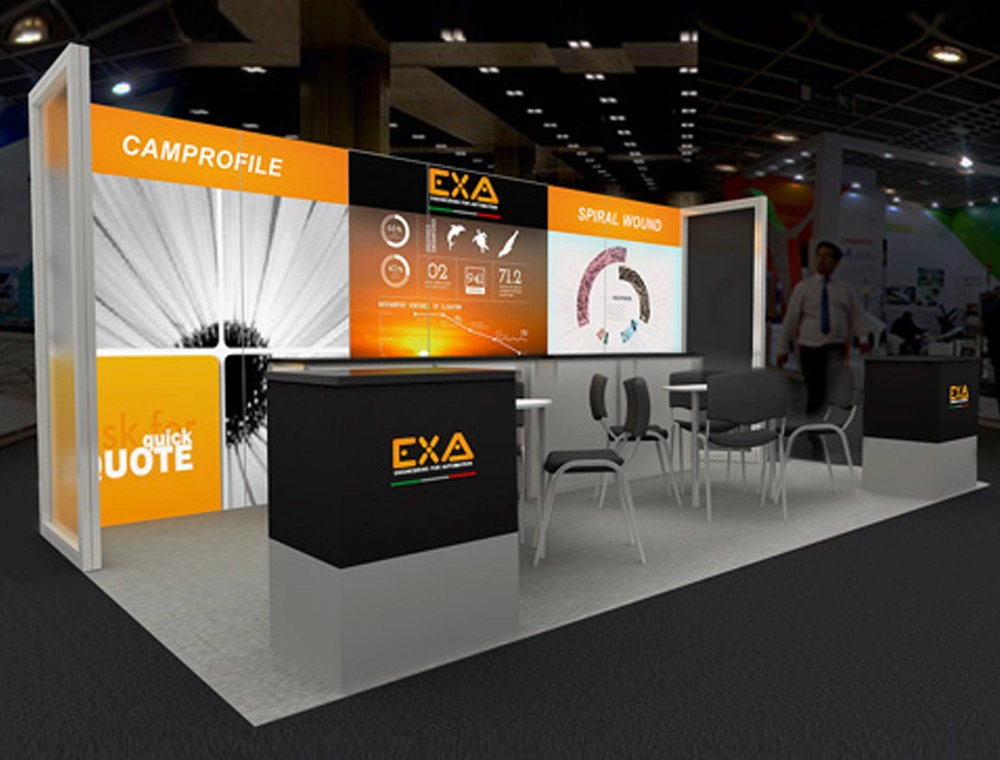 Exhibition booth with product showcases and lighting