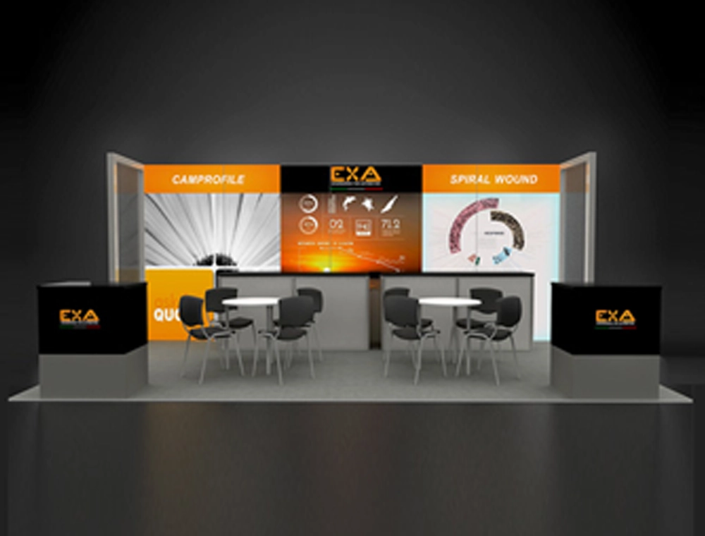 Exhibition booth with product showcases and lighting