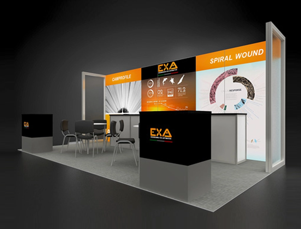 Exhibition booth with product showcases and lighting