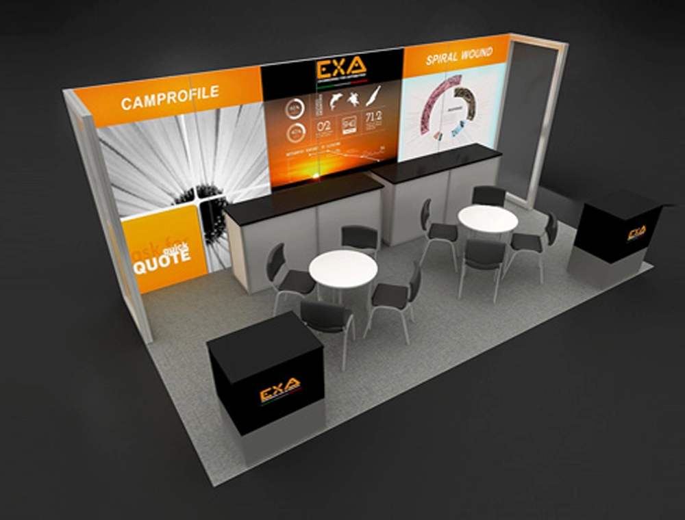 Exhibition booth with product showcases and lighting