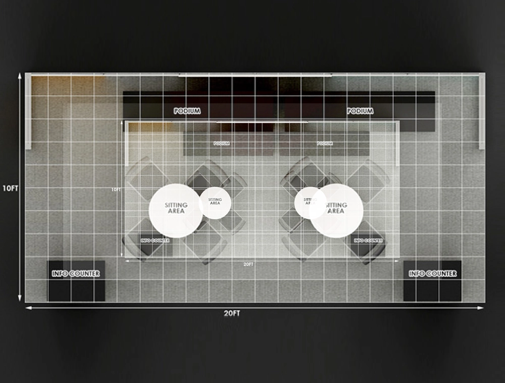 Exhibition booth with product showcases and lighting