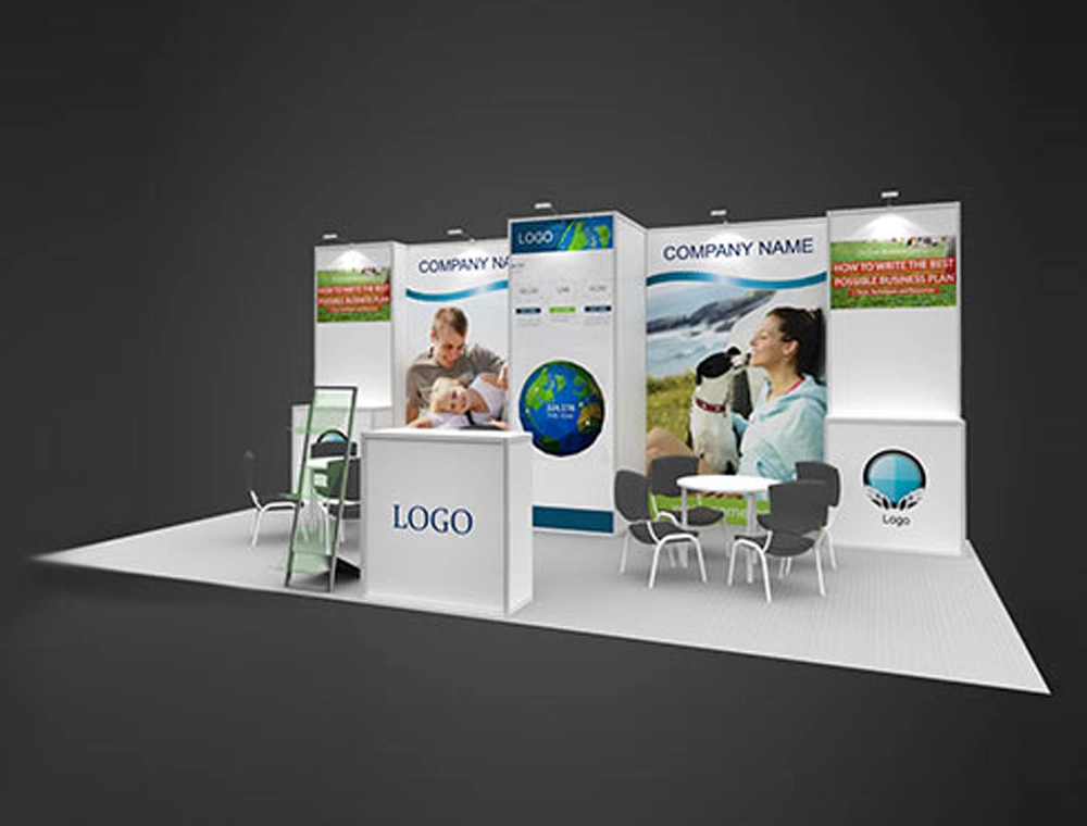 Trade show booth with large logo and signage