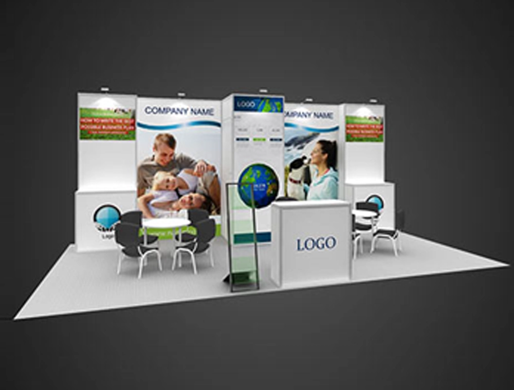 Trade show booth with large logo and signage