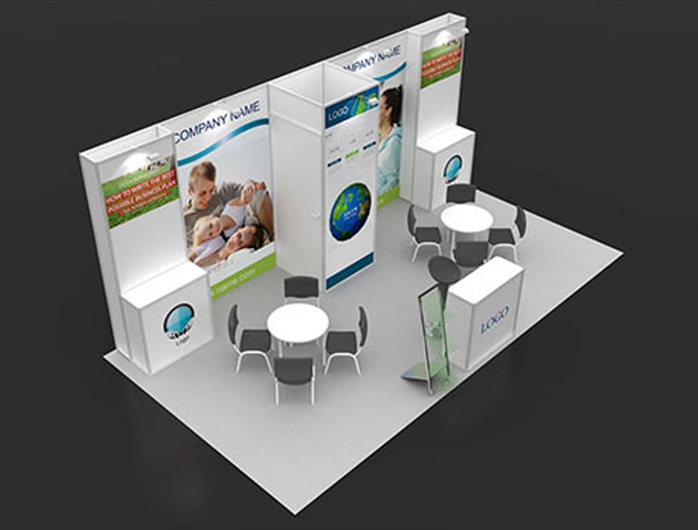 Trade show booth with large logo and signage