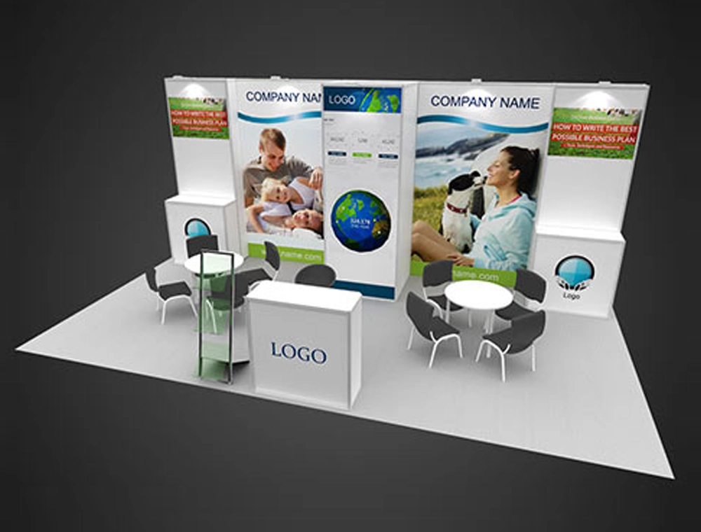 Trade show booth with large logo and signage
