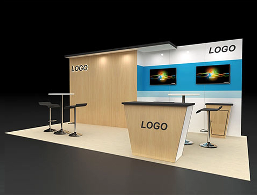 Open trade show booth with promotional displays
