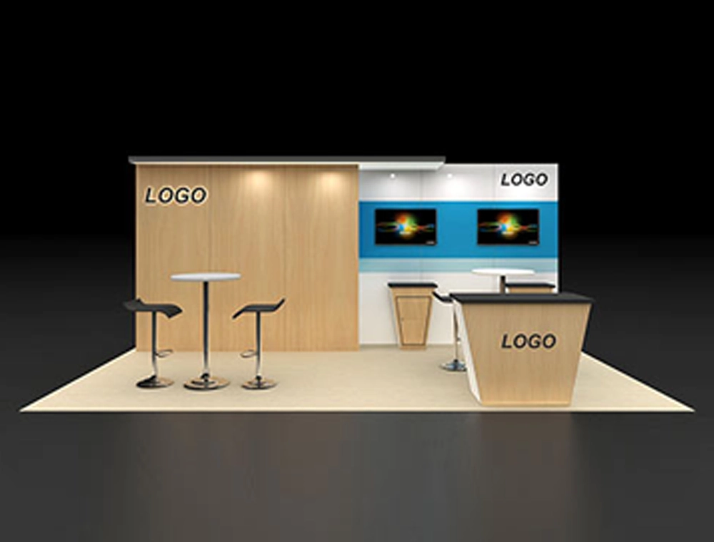 Open trade show booth with promotional displays