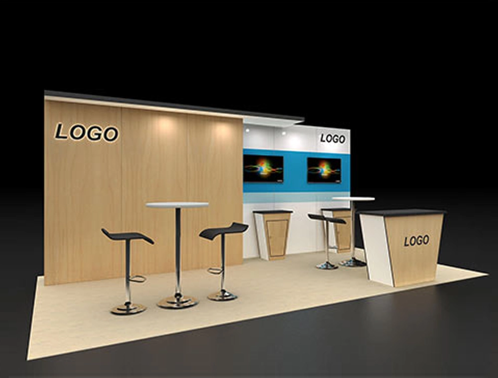 Open trade show booth with promotional displays