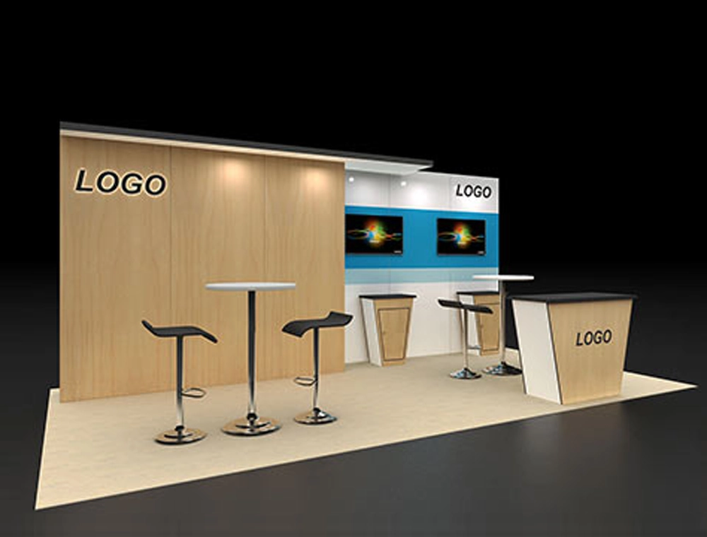 Open trade show booth with promotional displays