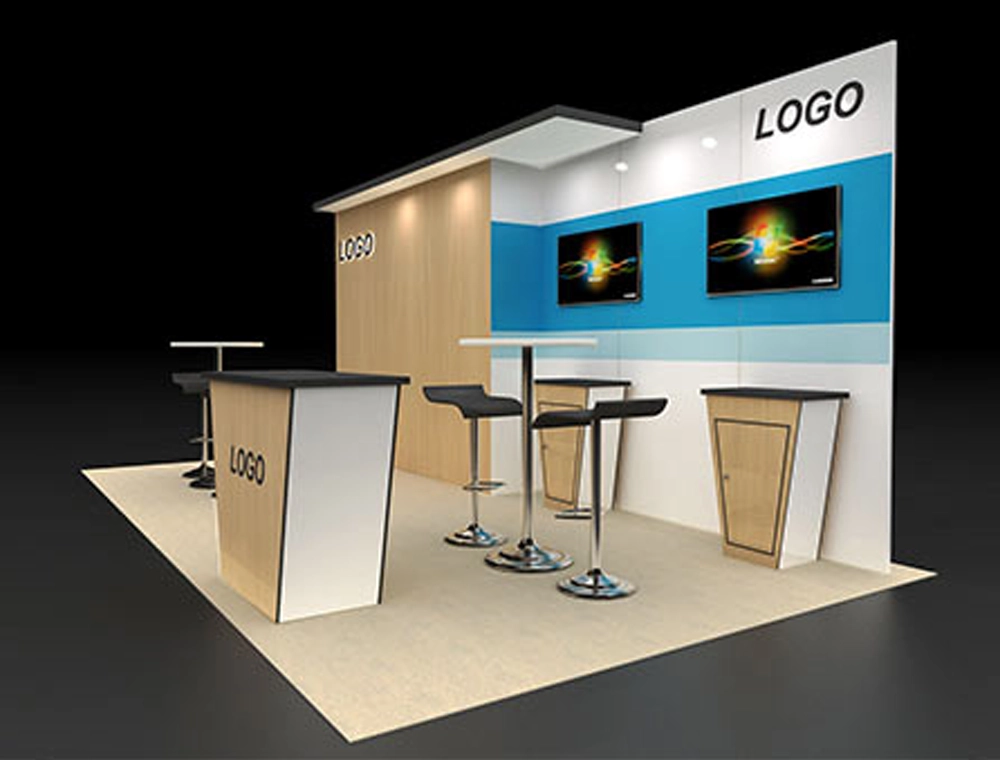 Open trade show booth with promotional displays
