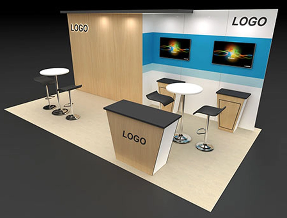 Open trade show booth with promotional displays