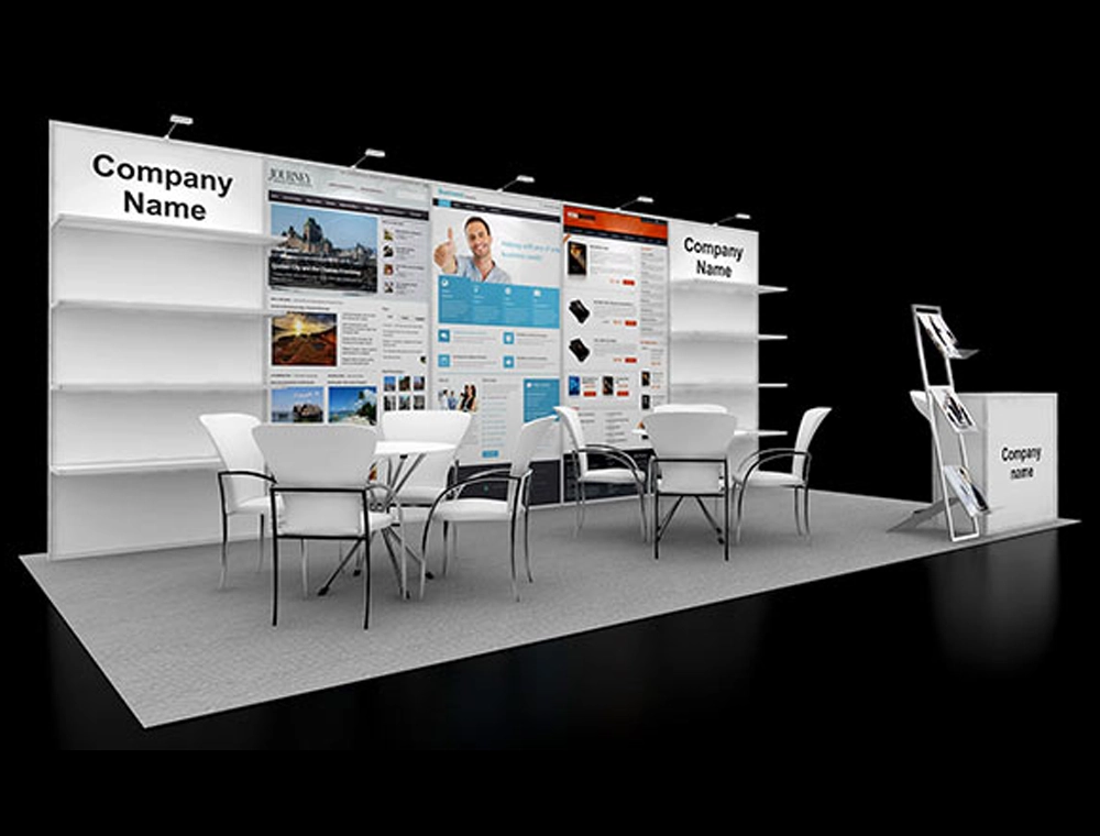 Interactive trade show booth with seating area