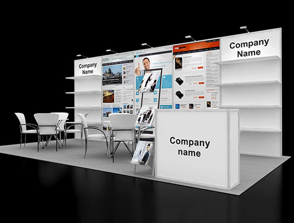Interactive trade show booth with seating area