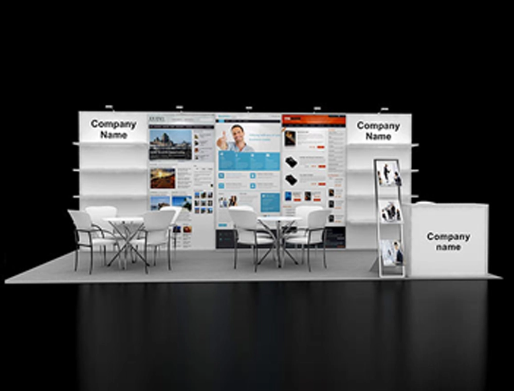 Interactive trade show booth with seating area