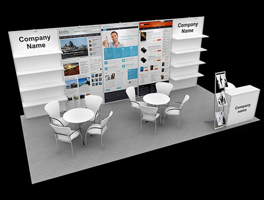 Interactive trade show booth with seating area