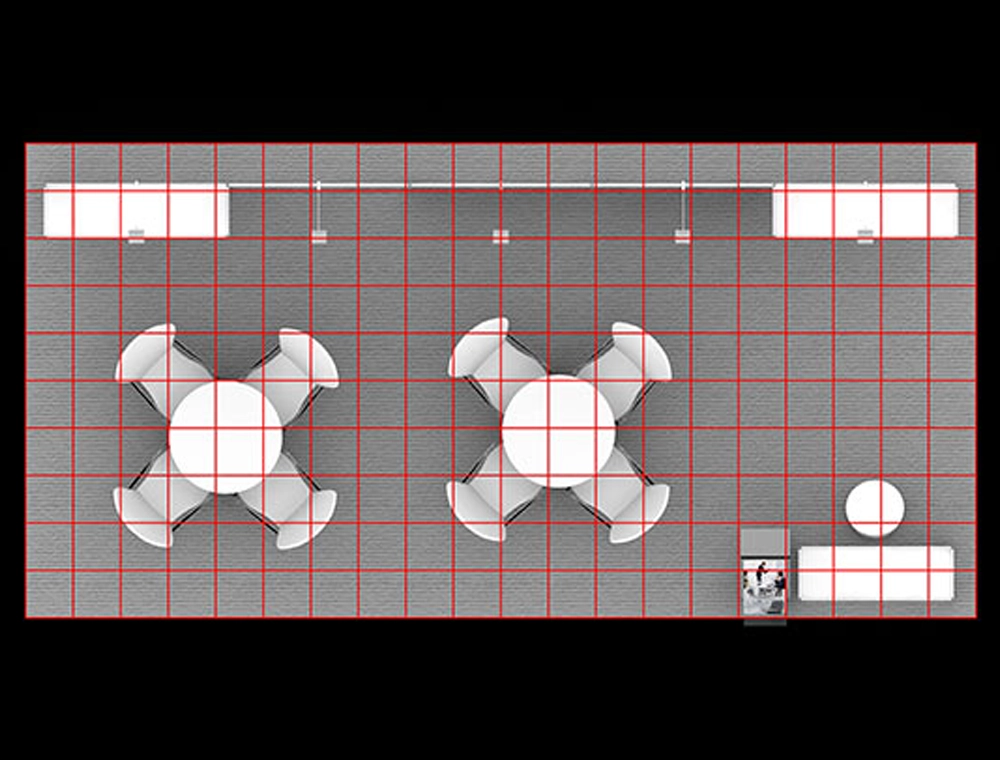 Interactive trade show booth with seating area